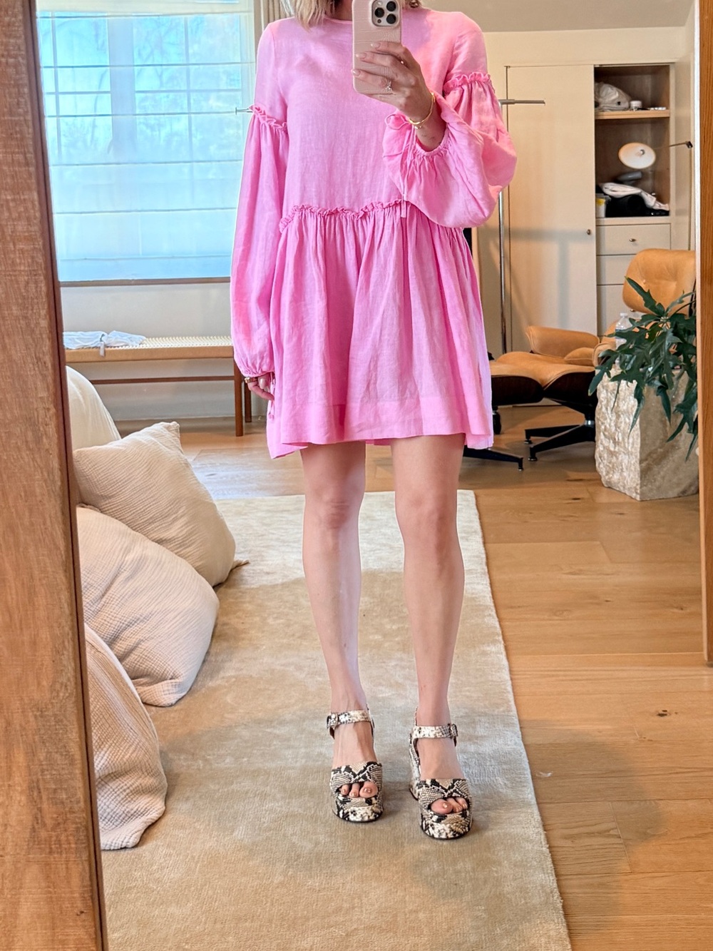 Pink Mini Babydoll Dress - Lightweight Long-Sleeve
